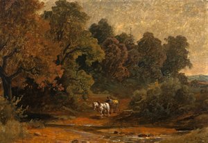 Herfstlandschap met paardenwagen door August Seidel