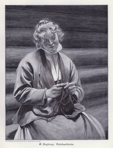 Portret van een vrouw die breit (gravure) door August Wilhelm Nikolaus Hagborg