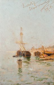 Studie uit Venetië met schip door August von Pettenkofen
