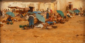 Hongaarse markt met blauwe parasols