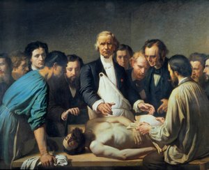 Dokter Alfred Velleau (1795-1867) bij Charity zal een autopsie uitvoeren Een dokter omringd door zijn studenten die zich voorbereiden om op een lijk in te grijpen. Schilderij door François Feyen Perrin (1826-1888). 19e eeuw. Tours, Museum voor Schone Kunst