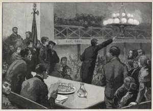 Vergadering voor de staking bij de Vooruit in 1885 - gravure in 1885 