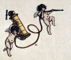 De geneugten van de clystere. Twee engelen dragen een pomp voor een klysma. Illustratie door Auguste Leroux (1871-1954)