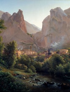 Het dorp Moustiers Sainte Marie (Moustiers Sainte-Marie) Detail. Schilderij door Auguste Bec (1797-1874) 19e eeuw Aix en Provence, Musee Granet door Auguste Bec