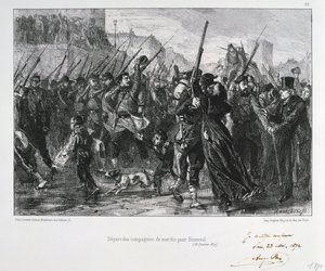 Franse soldaten vertrekken naar Buzenval, Beleg van Parijs, Frans-Pruisische Oorlog, 18 januari 1871 1872 door Auguste Bry
