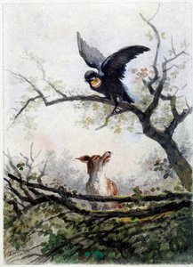 De vos en de raaf. Illustratie van de fabel van Jean de La Fontaine door Auguste Delierre