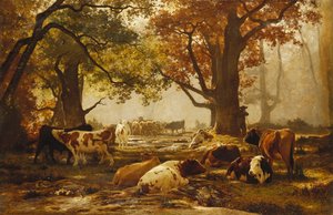 Vee in een bebost rivierlandschap door Auguste Francois Bonheur