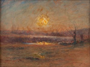 Zonsondergang op de vijver op het platteland door Auguste Francois Ravier