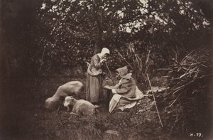 Twee Herderinnen Rustend met Twee Schapen door Auguste Giraudon