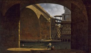 Le Pont et la Pompe Notre-Dame, gezien vanaf de boog van de kade van Gesvres, in 1816 door Auguste Jacques Regnier