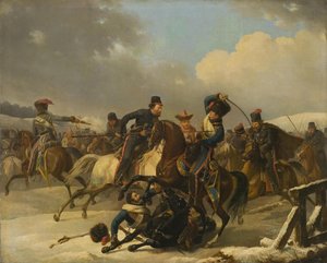 Kozakken achtervolgden terugtrekkende Franse soldaten, 1812, 1827 door Auguste Joseph Desarnod