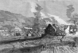 Zicht op de ruïnes van Quebec City (Canada) na de brand van juni 1881. Gravure door Lepere in "The Illustrous World" n°1267 van 9 juli door Auguste Lepere