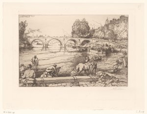 Gezicht op de Pont Marie met figuren in de Seine