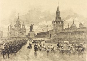 De kroning van de tsaar. De keizerlijke stoet trekt over het Koninklijk Plein door Auguste Lepère and Auguste Gérardin