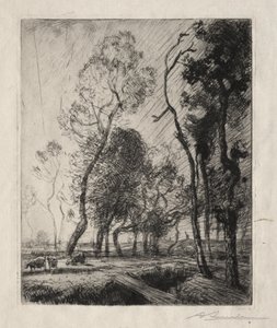 Zonsondergang achter de bomen door Auguste Louis Lepère