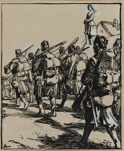 Bataille des frontières: groep Britse soldaten, 1914 door Auguste Louis Lepère