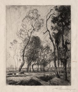 Zonsondergang achter de bomen door Auguste Louis Lepère