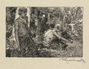 Fontainebleau Bos: Lelietjes-van-dalen verzamelen La Forêt de Fontainebleau..., 1890 door Auguste Louis Lepère