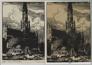 Stadhuis van Brussel in brand door Auguste Louis Lepère