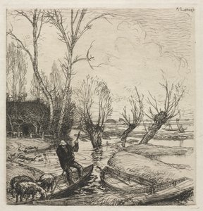 Man in een boot met drie schapen