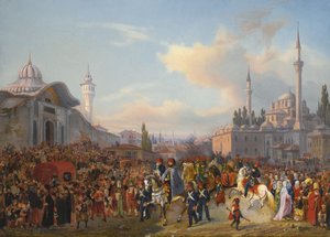 Sultan Mahmud II Verlaat De Bayezid Moskee, Constantinopel, 1837 door Auguste Etienne Francois Mayer
