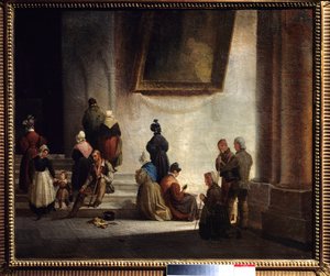 Aumone bij de kerk, schilderij door Auguste Migette (1802-1884), 1834