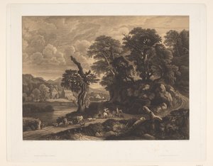 Landschap met dieren en figuren op een weg langs een rivier