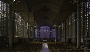 De kerk Notre Dame du Raincy, in Raincy (Seine Saint Denis). Bouw 1923, architecten Gustave Perret (1876-1952) en Auguste Perret (1874-1954). Fotografie 10/02/10.