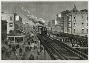 Dubbel spoor van de Airline Railway op Seventh Avenue, New York, New York. Edouard de Laveleye, in 1878-1879, gepubliceerd in de Tour du monde, onder leiding van Edouard Charton (1807-1890) door Auguste Victor Deroy