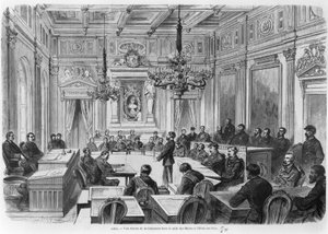 Leden van de Commune in vergadering in het Hotel de Ville, Salle des Maires, Parijs, 1871