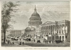 Het Capitool, zetel van de wetgevende macht, gebouwd tussen 1793 en 1830, in Washington (District of Columbia), de hoofdstad van de Verenigde Staten. Gravure naar de tekening van A.Deroy, ter illustratie van het verhaal La conquete blanche, door William He door Auguste Victor Deroy