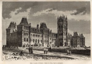 Het parlementsgebouw in Ottawa, gebouwd tussen 1859 en 1876, gegraveerd naar een tekening van A. Deroy, ter illustratie van de excursie naar Canada en de Red River of the North, door H. De Lamotte in 1873, gepubliceerd in 