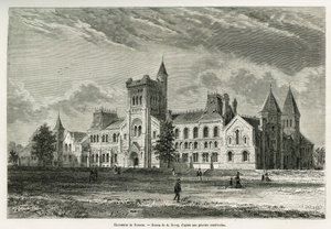 De Universiteit van Toronto, tekening door A. Deroy, ter illustratie van het verhaal van een excursie naar Canada en de Noordelijke Rode Rivier in 1873 door H. de Lamotte. Gravure in Le tour du monde door Auguste Victor Deroy