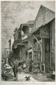 De straat van de Marche in San Francisco, die de aanwezigheid van een belangrijke Chinese gemeenschap onthult, een voorbode van een toekomstige Chinatown. Gravure naar de tekening van A.Deroy, ter illustratie van het verhaal La conquete blanche, door Willi