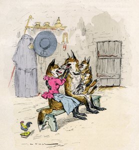 Illustratie door A. Vimar voor de Roman de Renart (roman van de vos), editie Henri Laurens 19e eeuw - Goupil en Hermeline de vos, zijn vrouw, thuis, met hun kinderen de kleine vossen - door Auguste Vimar