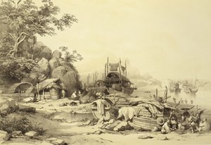 Woonboten in de Baai van Cowloon, plaat 6 uit Schetsen van China, gegraveerd door Eugene Ciceri, 1842 door Auguste after Borget