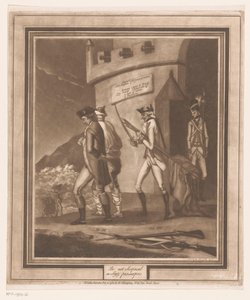 Soldaten met twee gevangenen bij toren