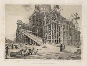 Uitzicht op de Kathedraal omringd door houten steigers Uit: De Bouw van de Sint-Isaac Kathedraal, 1845 door Auguste de Montferrand