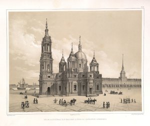 Uitzicht op de Sint-Isaacskathedraal ten tijde van Catharina II Uit: De bouw van de Sint-Isaacskathedraal, 1845 door Auguste de Montferrand