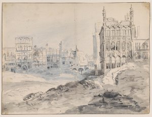 Hoek noordwest op de Grote Markt, Brussel na het bombardement in 1695 door Augustin Coppens