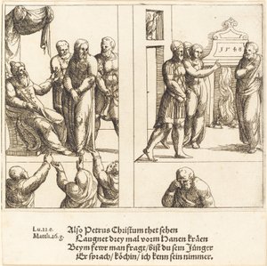 Christus voor Kajafas, en Petrus die Christus verloochent, 1548 door Augustin Hirschvogel