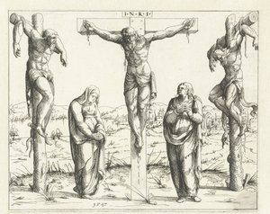 Christus aan het kruis en Maria en Johannes door Augustin Hirschvogel