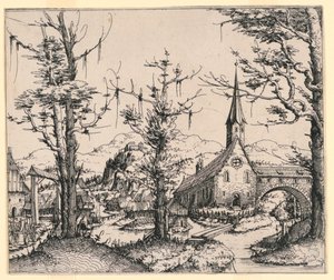 Kerk bij een stroom, overspannen door een overdekte brug door Augustin Hirschvogel