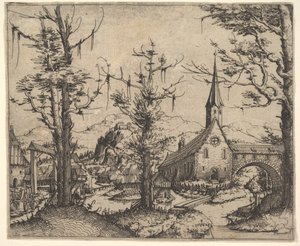 Landschap met vier bomen en een kerk rechts, 1545 door Augustin Hirschvogel