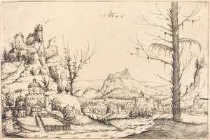 Landschap met hoge kliffen, rivier en stad