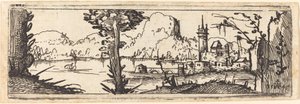 Landschap met meer en stad door Augustin Hirschvogel