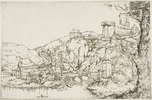 Landschap met rivier, stad en kasteel door Augustin Hirschvogel