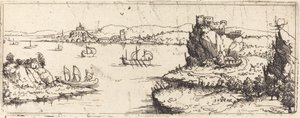 Landschap met zeilboten [onderste plaat] door Augustin Hirschvogel