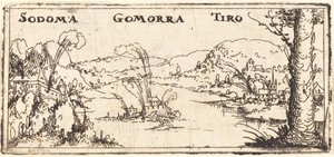 Landschap met drie brandende steden: Sodom, Gomorra en Tyrus door Augustin Hirschvogel