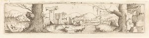 Landschap met een beek en ruïnes door Augustin Hirschvogel